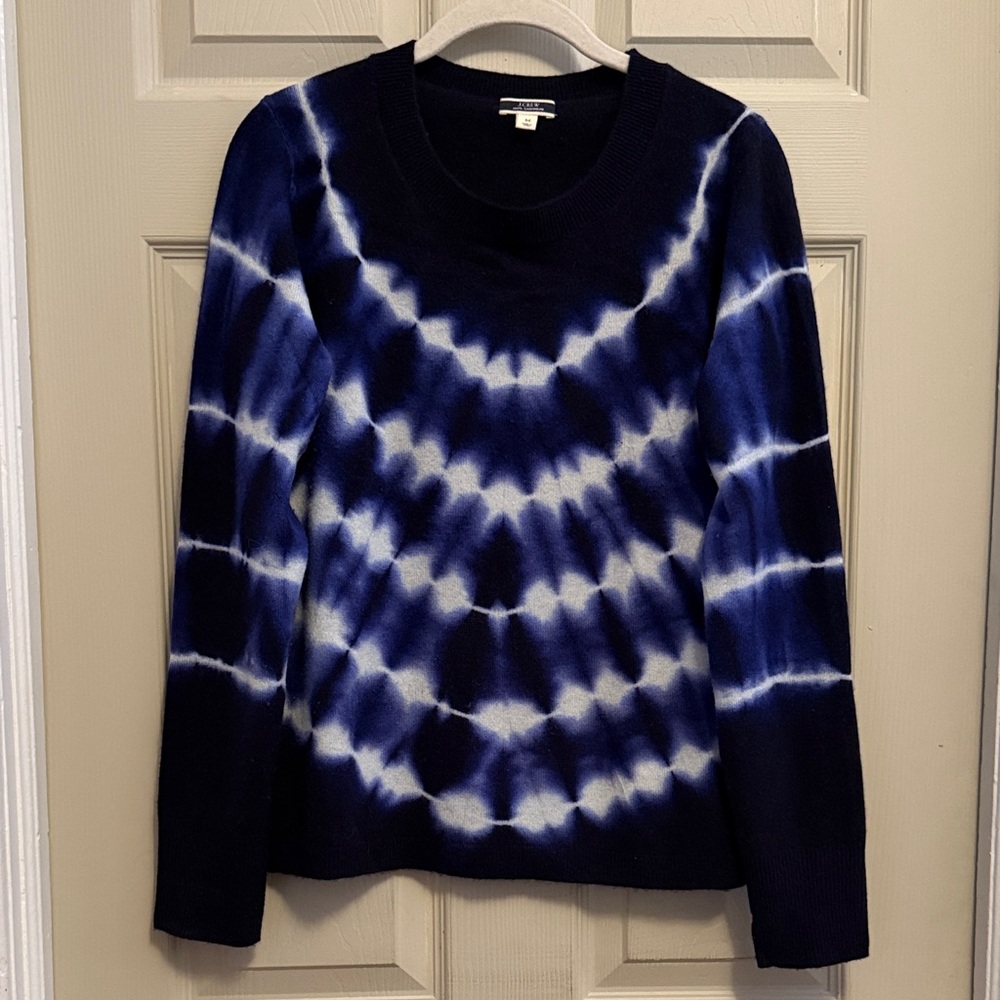Jcrew Blue and White Tie-Dye classic crew neck cashmere Sweater